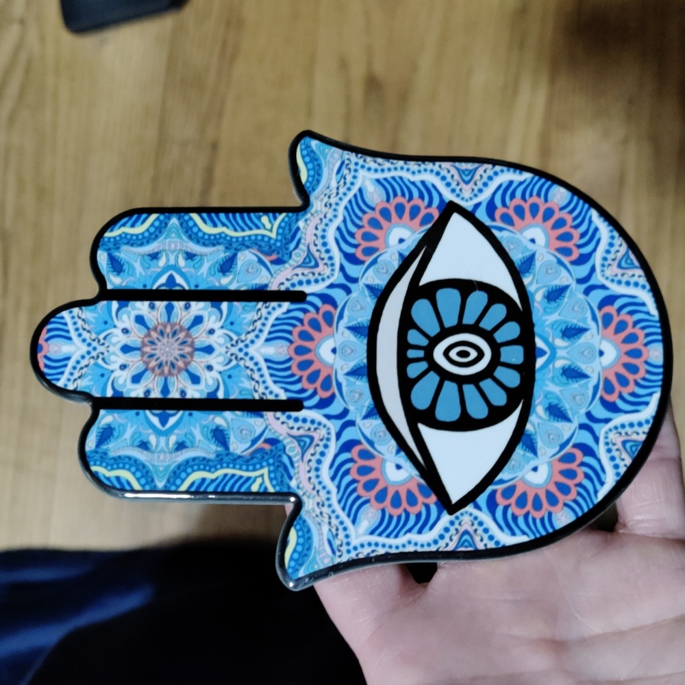 Hamsa Hand porcelain pink and blue 4 inches across and 5.75 long